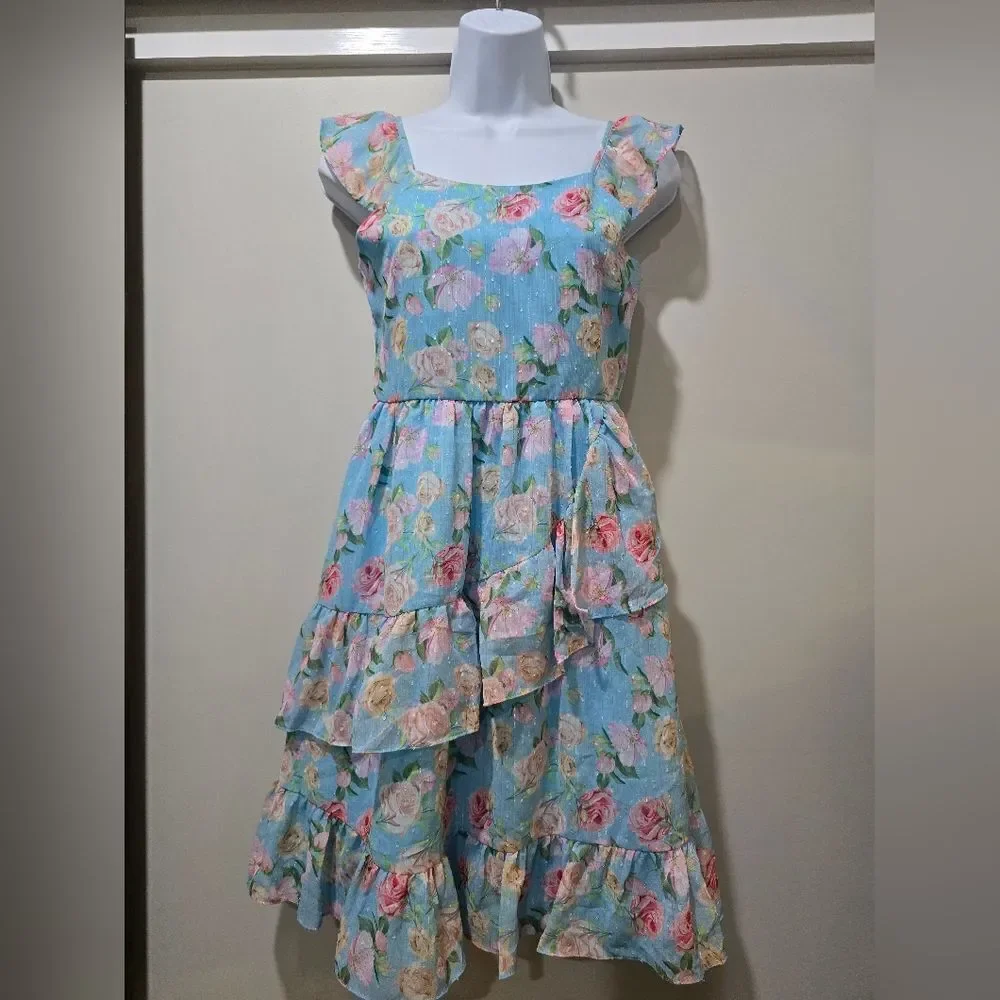 Blush By US Angels Girls Mirelle Floral FlutterSleeve Dress Sz 14 Blue/Pink NWOT